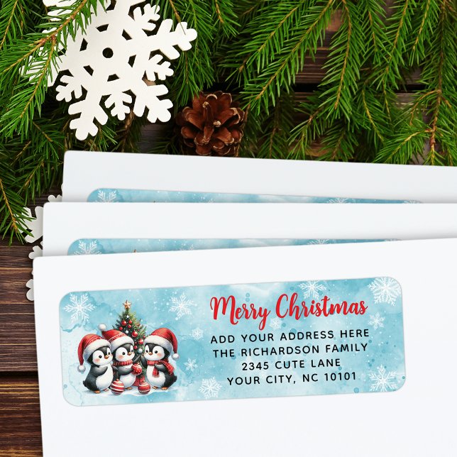 Etiqueta Pinguins Festivos Vermelhos Azuis Felizes de Natal (Criador carregado)