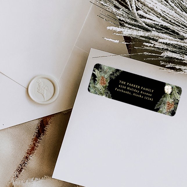 Etiqueta Pinheirinho Negro | Natal Dourado (Elegant holiday return address labels with a traditional Christmas wreath)