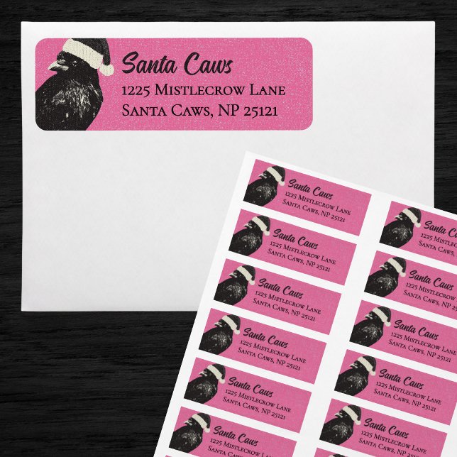 Etiqueta Pink and Black Santa Caws Crow Christmas (Fun pink and black Christmas return labels feature a Santa crow, or "Santa Caws," if you prefer! :D)