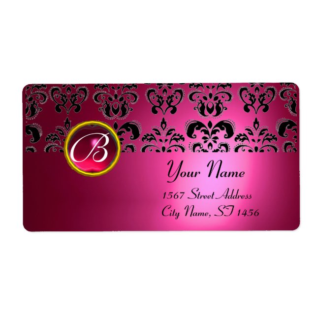 ETIQUETA PINK BLACK DAMASK MONOGRAM, RED RUBY (Frente)