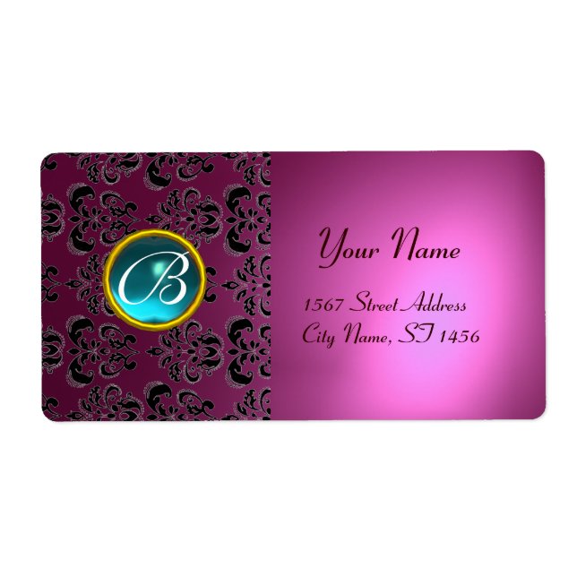 Etiqueta PINK BLACK DAMASK MONOGRAMA, aquamarina azul (Frente)