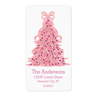 Etiqueta Pink Christmas Tree and Bow Return Address