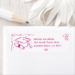 Etiqueta Pink Hand Drawn Doodles Graduate Cap White Address