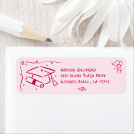 Etiqueta Pink Red Hand Drawn Doodles Graduation Cap Address