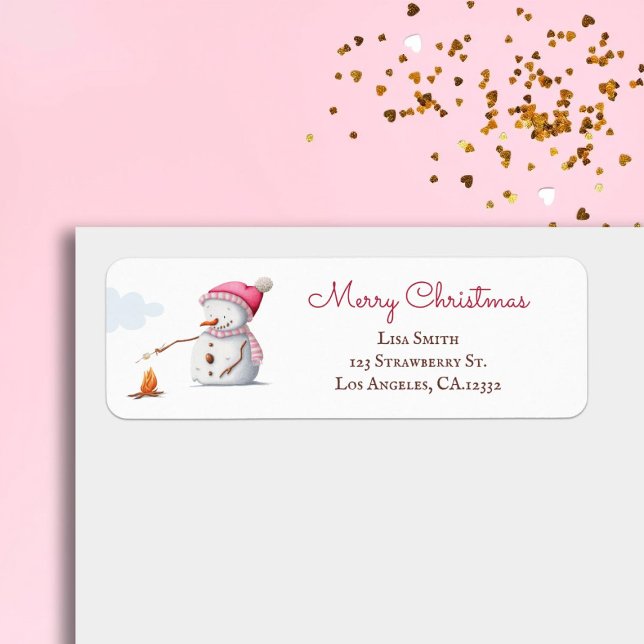 Etiqueta Pink Snowman Marshmallows Endereço de Regresso de  (Criador carregado)