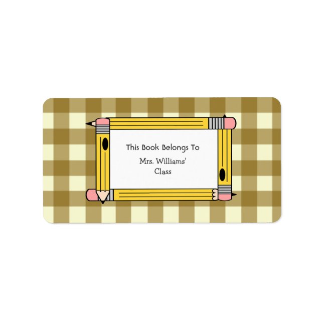 Etiqueta Placa do Professor - Tan Gingham & Yellow Pencils (Frente)