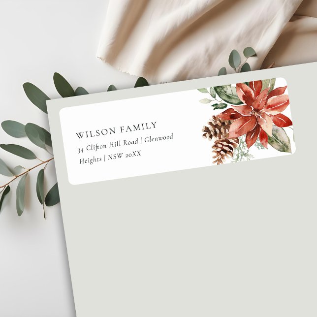 Etiqueta Poinsettia Bunch Merry Christmas Pine Endereço (Criador carregado)