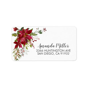 Etiqueta Poinsettia Vermelha Aquarela Endereço de Devolução