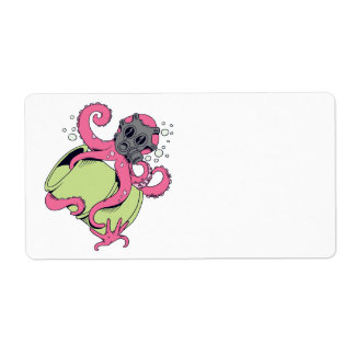 Etiqueta polvo rosa vestindo máscara de gás