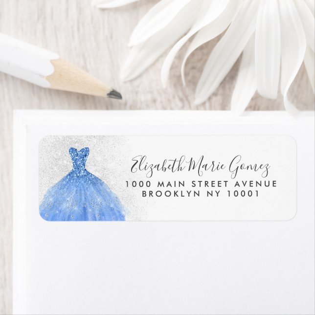 Etiqueta Prata Azul Moderna Glitter Quinceanera (Insitu)