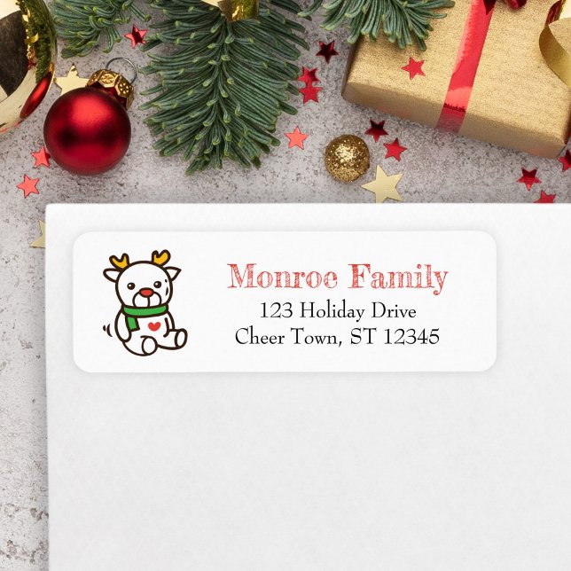 Etiqueta Pregado de Natal, brinquedo de Reindeer (Cute Reindeer Address Label for Christmas Cards)