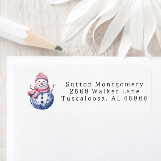 Etiqueta Preppy Chinoiserie Christmas Snowman Endereço (Insitu)