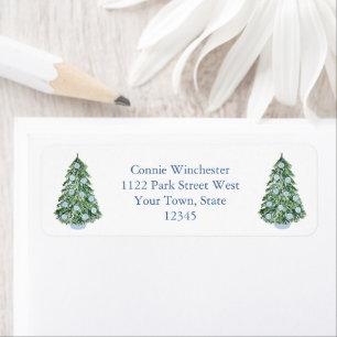 Etiqueta Preppy Christmas Tree Blue White Return Address