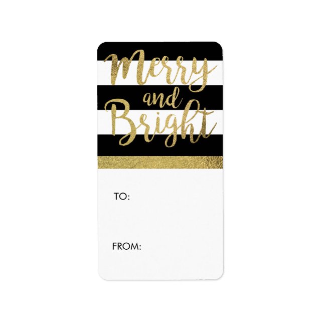 Etiqueta Presente de Natal "Feliz e Brilho" em Stripe Preta (Frente)