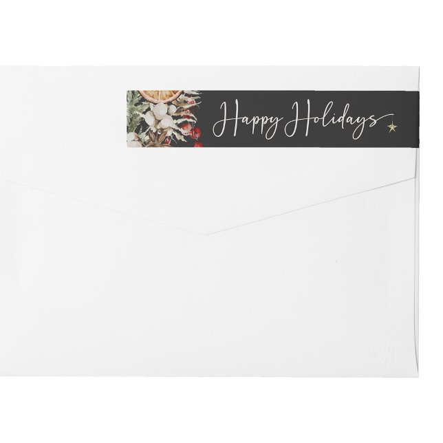 Etiqueta Preta de Natal em Volta (Black Boho Botanical Happy Holidays Wrap Around Label
)