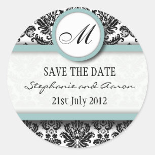 Etiqueta preta e azul do casamento do monograma do