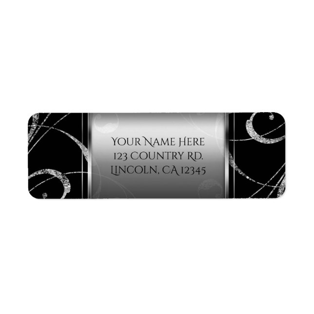 Etiqueta Preto e Vidro Prateado Falso com Redemoinho Floral (Frente)