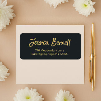Etiqueta Preto Elegante e Endereço Personalizado Dourado
