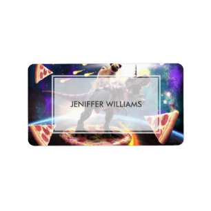 Etiqueta Pug cavalgando unicórnio de dinossauro no espaço