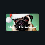 Etiqueta Pug Dog Christmas<br><div class="desc">Cachorro bonito vestindo um chapéu de Papai Noel.</div>