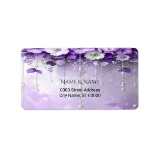 Etiqueta Purple Flowers with Dangling Pearls Address Label