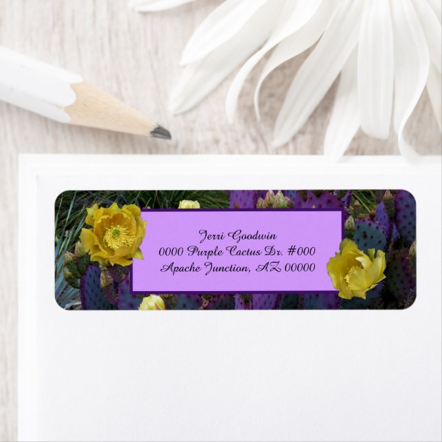 Etiqueta Púrpura De Cactus Com Flores Amarelas (Insitu)
