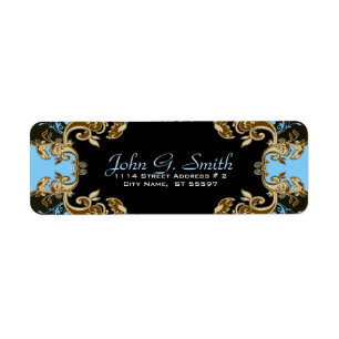 Etiqueta Quadro Floral Dourado Elegante Azul e Preto Vintag