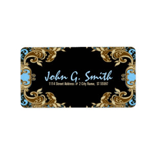 Etiqueta Quadro Floral Elegante Dourado, Azul e Preto