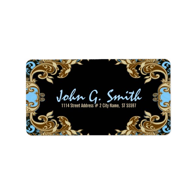 Etiqueta Quadro Floral Elegante Dourado, Azul e Preto (Frente)