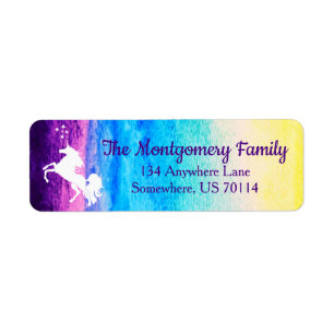 Etiqueta Rainbow Watercolor & White Unicorn Family Name