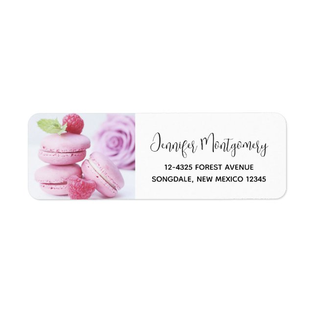 Etiqueta Raspberry Macarons rosa Foto de pastelaria frances (Frente)