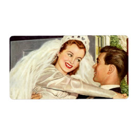 Etiqueta Recém-casados de casamento retrô, noiva e noivo fe