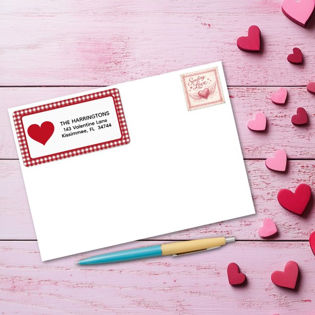 Etiqueta Red and White Plaid Gingham Valentine Heart (Criador carregado)