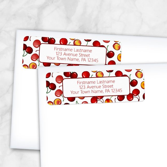 Etiqueta Red Cherries Endereço de devolução (Red Cherries Return Address Labels from Artistically Invited, as shown on envelopes.)