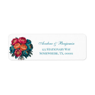 Etiqueta Red Teal Orange Peony Dourado Trim Endereço de Cas