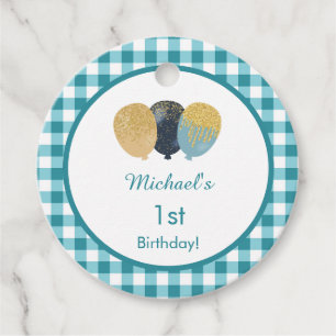 Etiqueta redonda de 1º aniversário em gingham azul