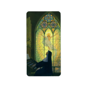 Etiqueta Religião Vintage, freira jogando um órgão na Ig