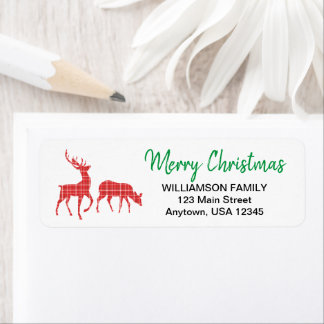 Etiqueta Rena de Natal Alegre Xadrez Vermelho
