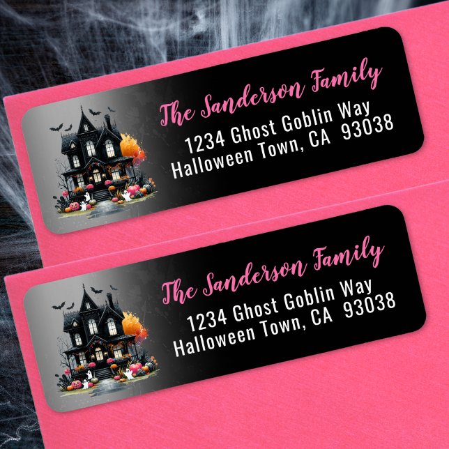Etiqueta Residência de Halloween Rosa Assombrada (Haunted House Pink Halloween Return Address label)
