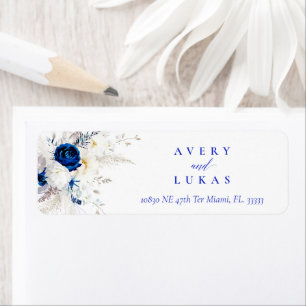 Etiqueta Retorno de Casamento Floral Azul e Branco do Horiz