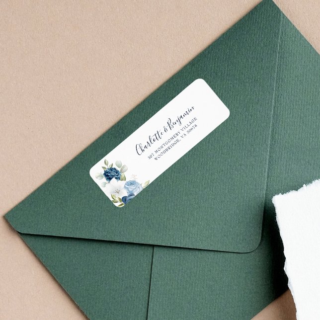Etiqueta Retorno de Script Elegante Floral Moderno Endereça (Dusty Blue Floral Return Address Label)