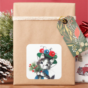 Etiqueta retro do feriado do gato do natal vintage