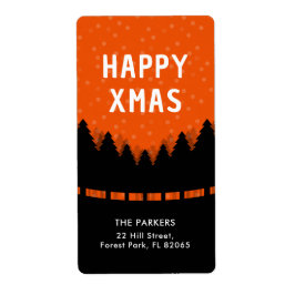 Etiqueta Retro Feliz Natal com pinheiros e neve