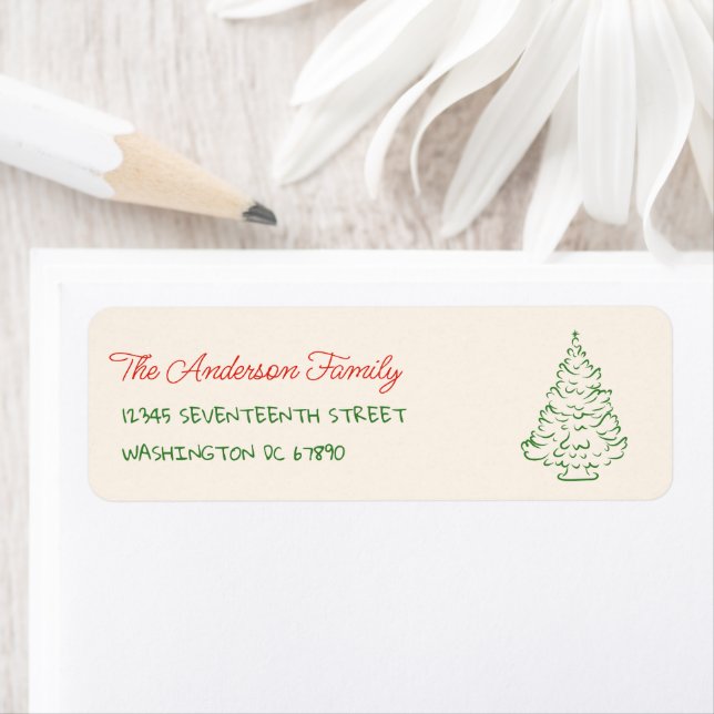 Etiqueta Retro Hand Drawn Red Green Christmas Tree Adress (Insitu)