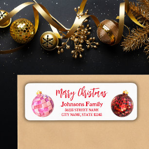 Etiqueta retro na moda disco bolas vermelhas script christm