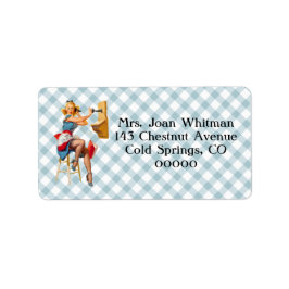 Etiqueta Retro Pinup Telefone Gingham Vintage Blue Red