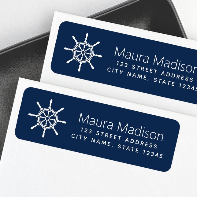 Etiqueta Roda azul escura do navio náutico (Ship's wheel dark blue nautical label)