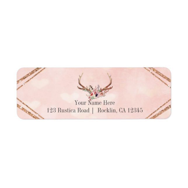 Etiqueta Rosa Blush Pink Deer Antlers Boho Chic (Frente)