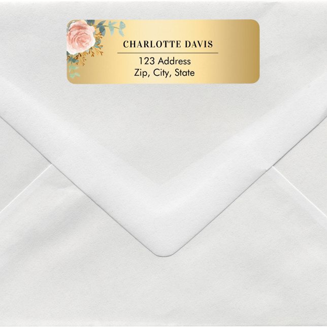 Etiqueta Rosa dourada flora verde endereço de devolução  (Criador carregado)