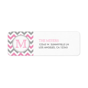 Etiqueta Rosa e Chevron moderno cinzento com monograma